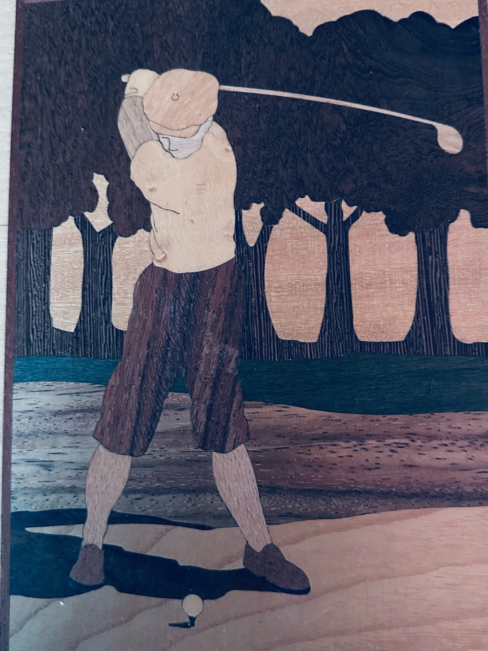 Hudson River Inlay. Vintage Art Golfer Marquetry Wall Art - Brown and Tan